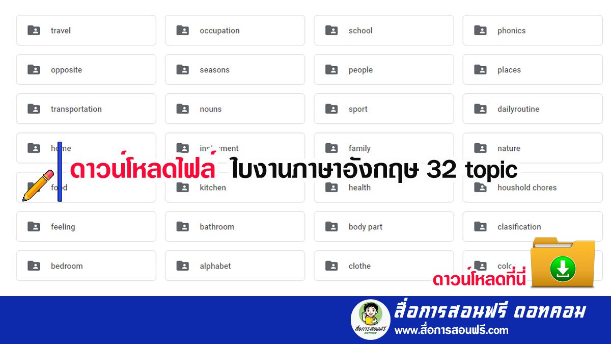 ดาวน์โหลดฟรี ใบงานภาษาอังกฤษ 32 Topic มีมากกว่า 500 ไฟล์ - สื่อการสอนฟรี.Com